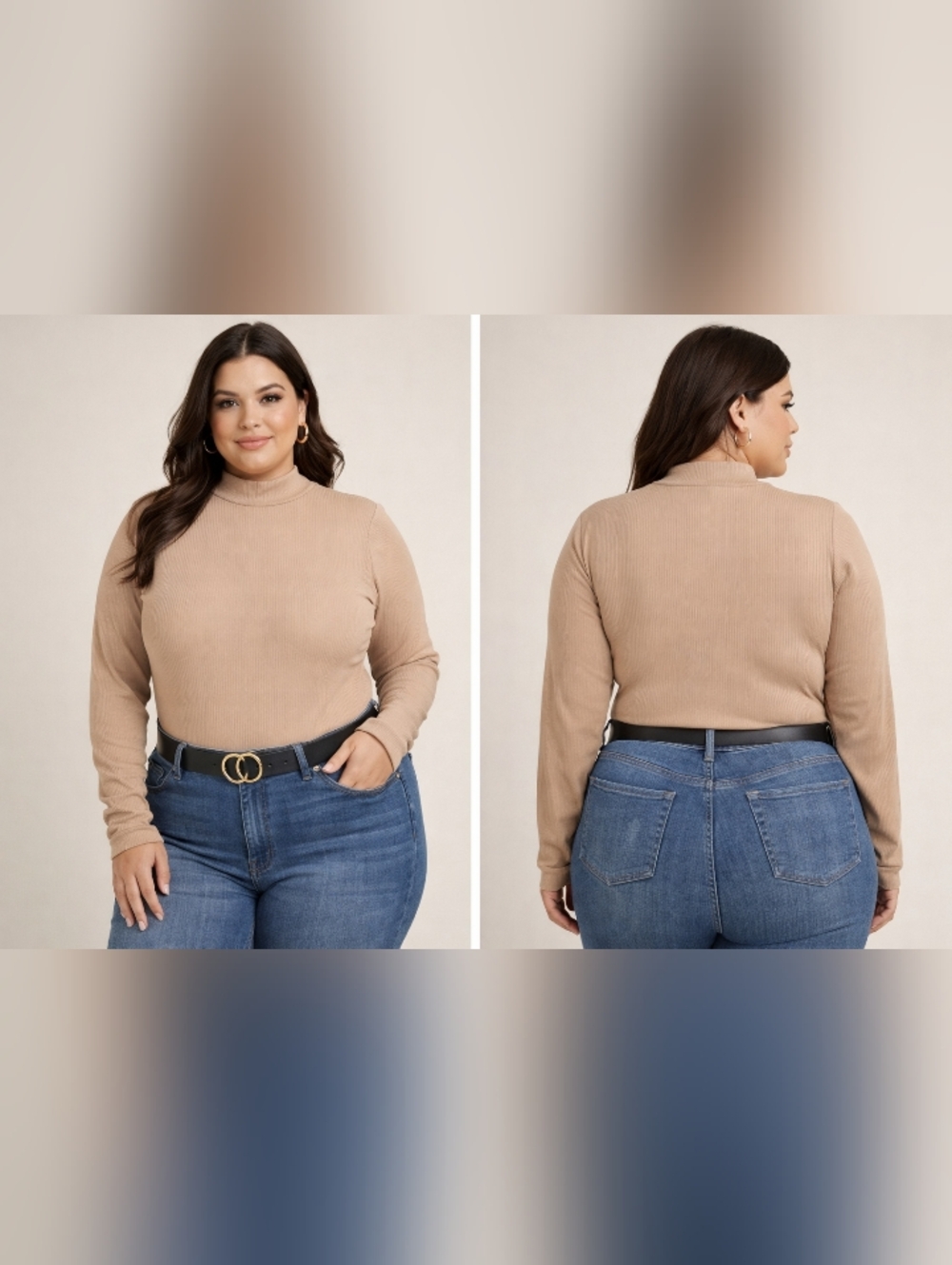 #1086 Just Polly Ribbed Mock Neck Bodysuit Khaki NWT Stretch Long Sleeve